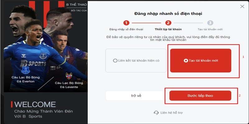 Nhấn vào mục “Tạo tài khoản mới”, chọn “Bước tiếp theo”