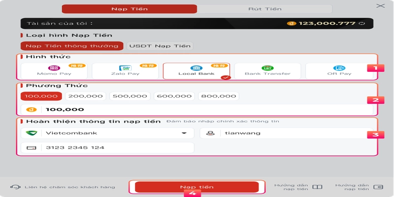 Giao dịch nạp tiền Bsports qua tài khoản ngân hàng nội địa