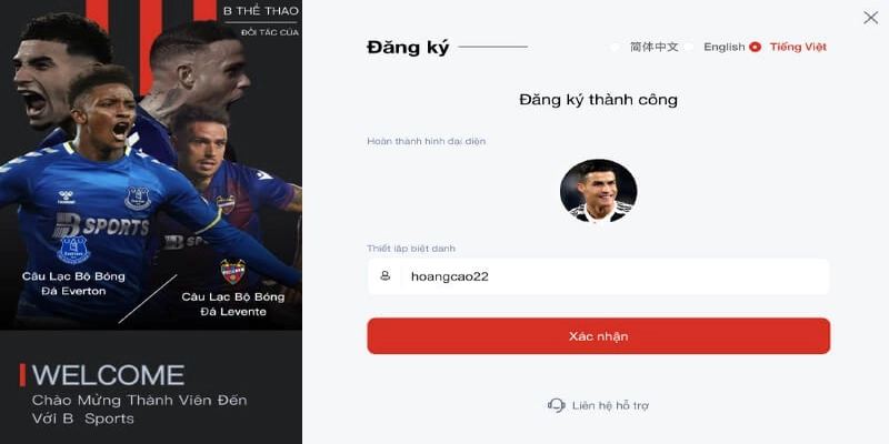 Đăng ký thành công tài khoản Bsports